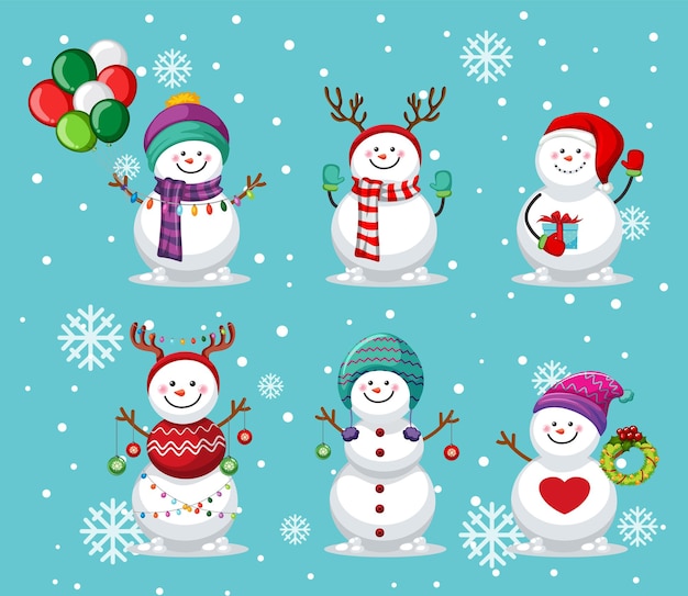 Set of different snowman in christmas theme