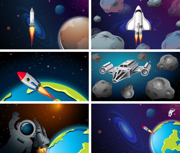 Set of different space scenes background