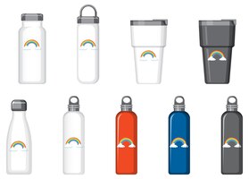 Set of different thermo bottles with rainbow pattern