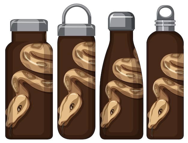 Set of different thermos bottles with snake pattern
