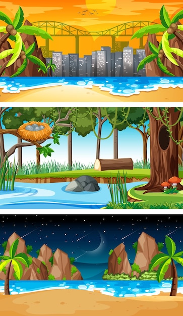 Set of different types of forest horizontal scenes