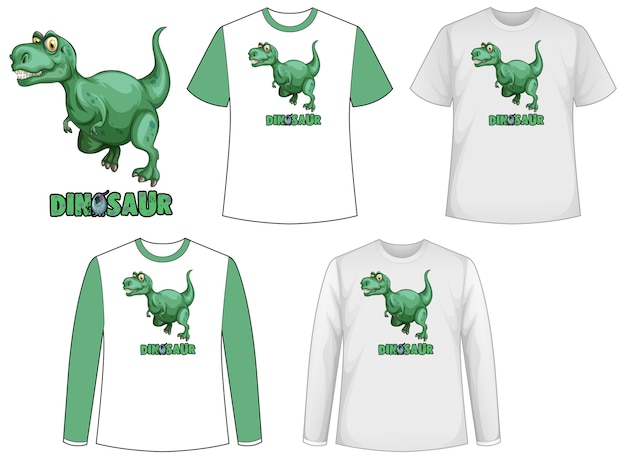 Set of different types of shirt in dinosaur theme with dinosaur logo