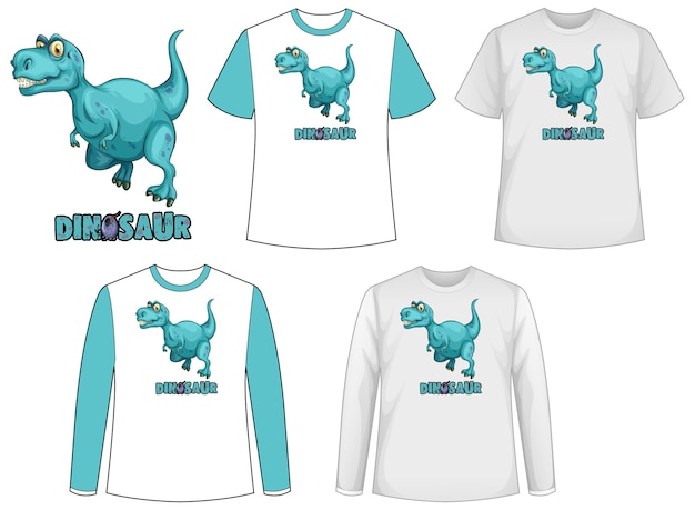 Vettore gratuito set di diversi tipi di magliette in tema di dinosauri con logo di dinosauro