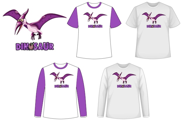 Free vector set of different types of shirt in dinosaur theme with dinosaur logo