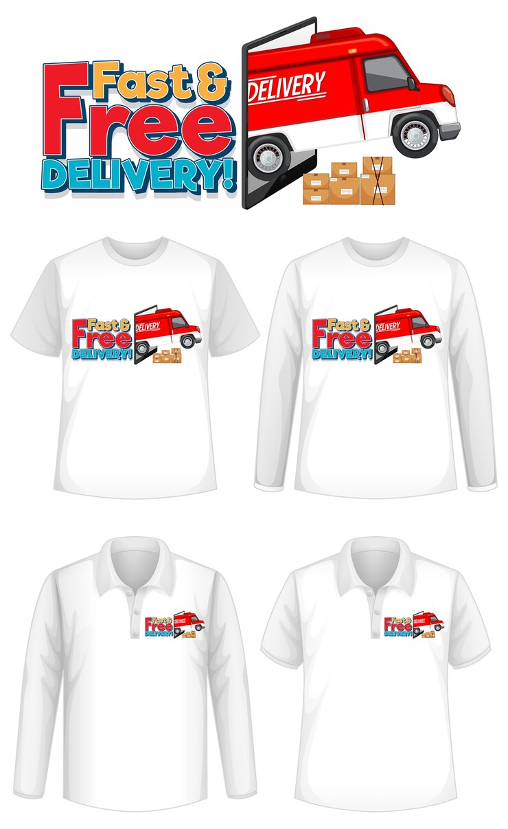 Free Vector set of different types of shirts with fast and free delivery logo screen on shirts