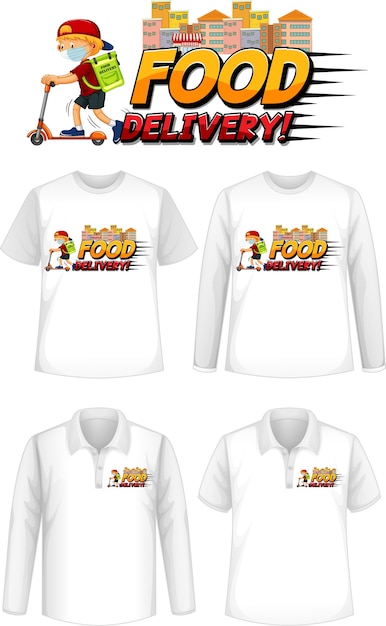 Set di diversi tipi di camicie con schermo del logo di consegna cibo sulle camicie