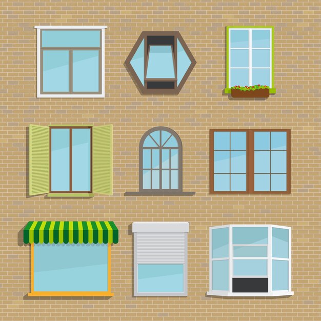 Set of different types of windows. house and architecture, blinds and shutters, awning and tide