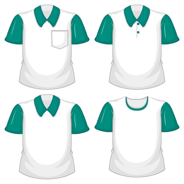 Set of different white shirts with green short sleeves isolated on white background