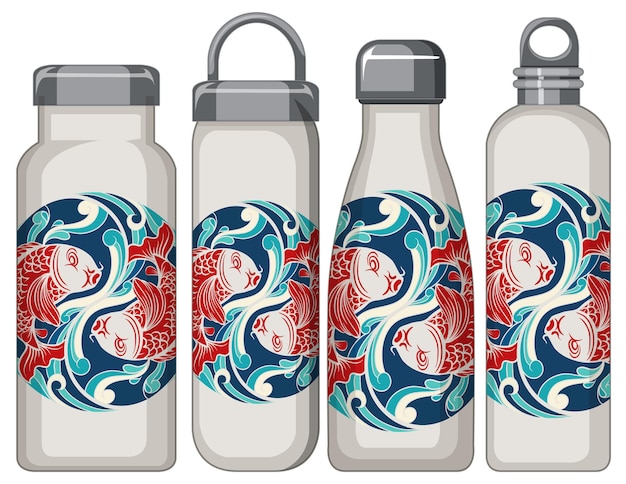 Free vector set of different white thermos bottles koi carp pattern
