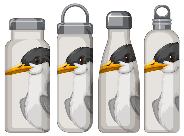 Free vector set of different white thermos bottles with bird pattern