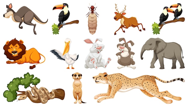 Vettore gratuito set di diversi personaggi dei cartoni animati di animali selvatici