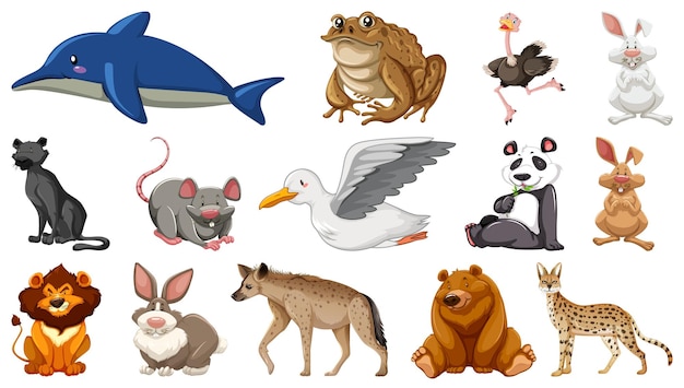 Set of different wild animals cartoon characters