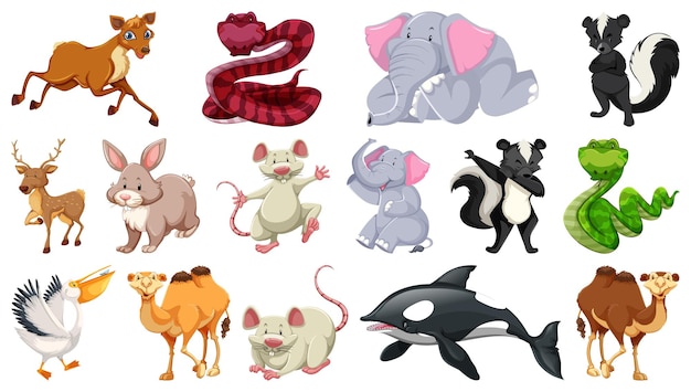 Set of different wild animals cartoon characters