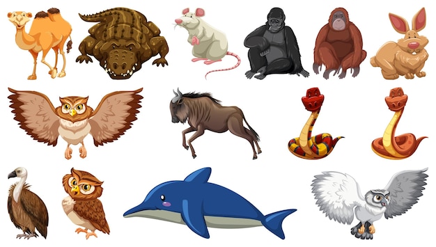 Free vector set of different wild animals cartoon characters