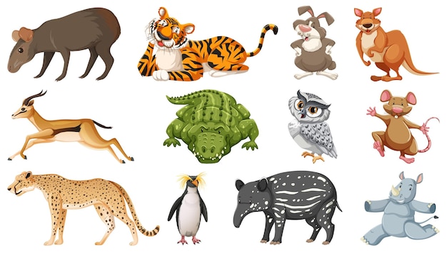 Set of different wild animals cartoon characters