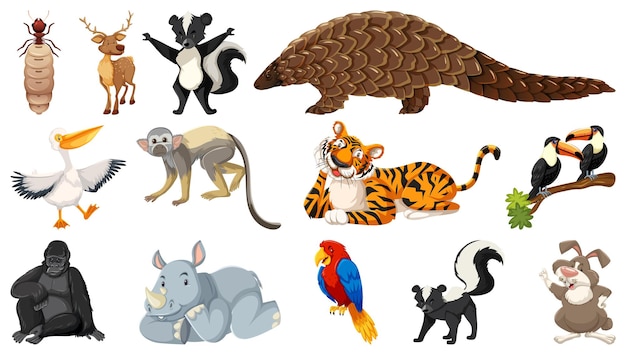 Vettore gratuito set di diversi personaggi dei cartoni animati di animali selvatici