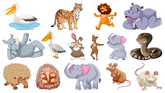 Free vector set of different wild animals cartoon characters