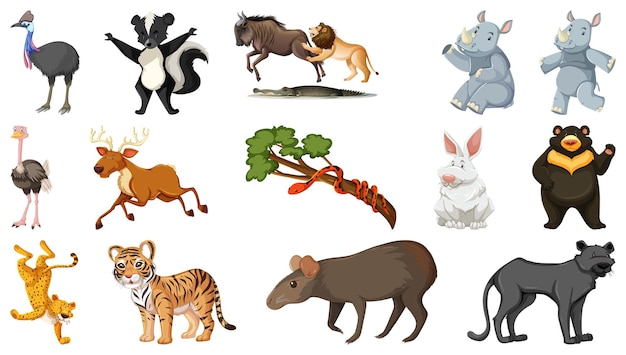 Free vector set of different wild animals cartoon characters