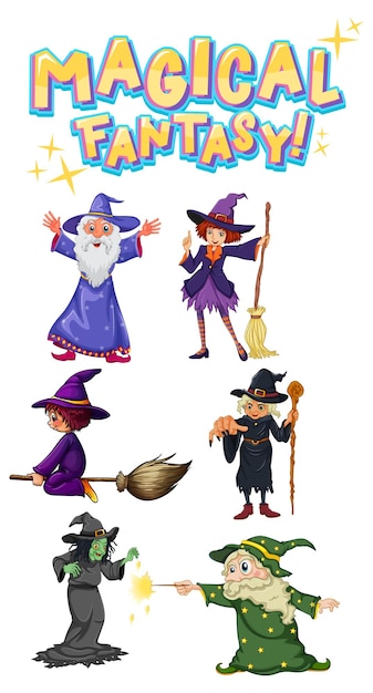 Set of different witches and wizards cartoon characters