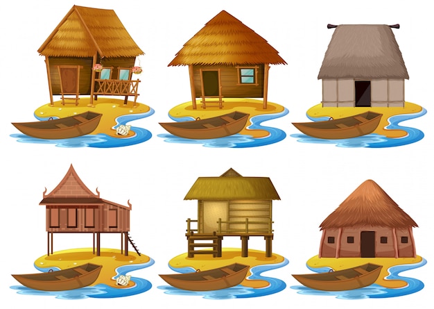 Free vector set of different wooden house