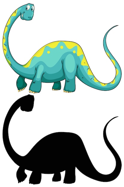 Set of dinosaur cartoon character and its silhouette on white background