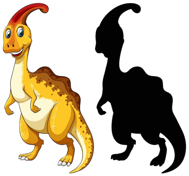 Set of dinosaur cartoon character and its silhouette on white background