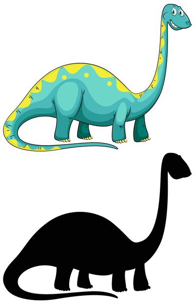 Vettore gratuito set di personaggio dei cartoni animati di dinosauro e la sua silhouette su sfondo bianco