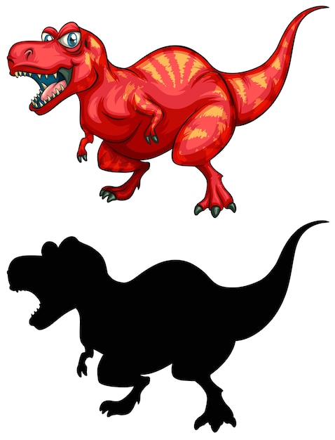 Free vector set of dinosaur cartoon character and its silhouette on white