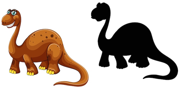 Set di personaggio dei cartoni animati di dinosauro e la sua silhouette su bianco