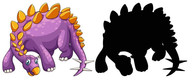 Set of dinosaur cartoon character and its silhouette