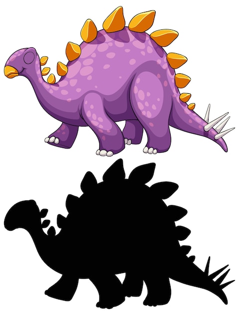 Set of dinosaur cartoon character and its silhouette