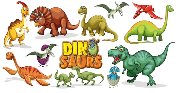 Набор мультипликационного персонажа динозавров, изолированные на белом фоне