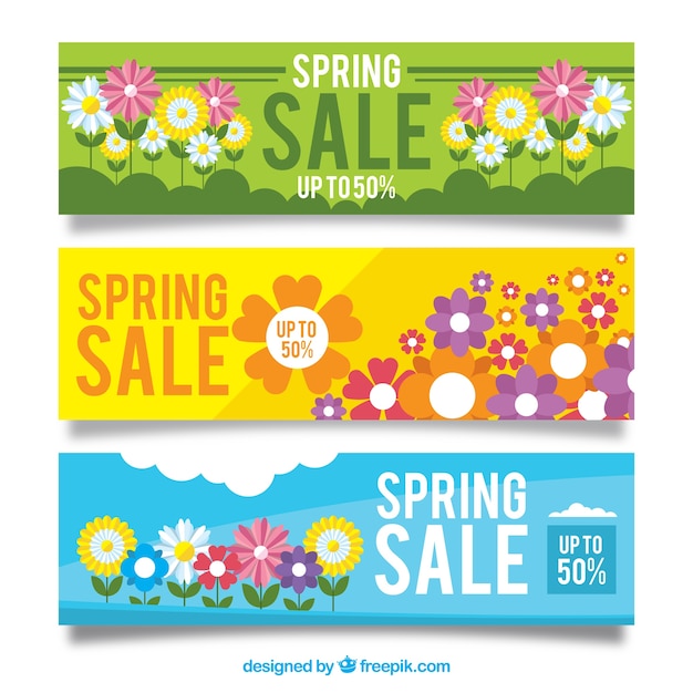 Free vector set of discount banners with colorful flowers