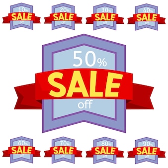 Set of discount stickers. violet badges with red ribbon for sale 10 - 90 percent off. vector illustration.