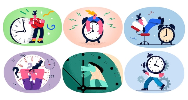 Set of diverse people near clock meet deadline in office. bundle of employees overwhelmed with workload. tired workers stressed with fatigue at workplace. time management. vector illustration.