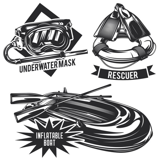 Set of diving emblems, labels, badges, logos.