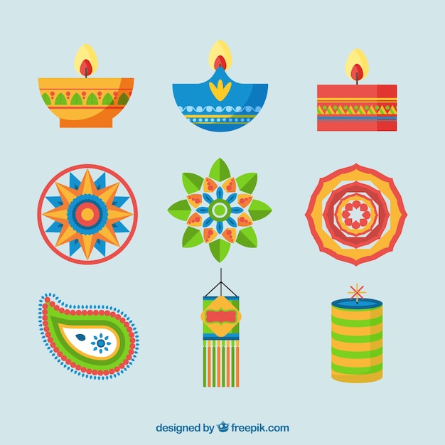 Vettore gratuito set di elementi di diwali in design piatto