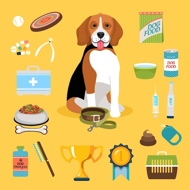 Set of dog life icons and cute puppy