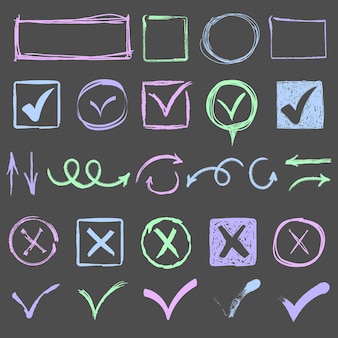 Set of doodle check mark with circle arrows and underlines checkmarks and crosses hand drawn