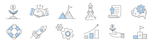 Set of doodle icons, linear vector business signs