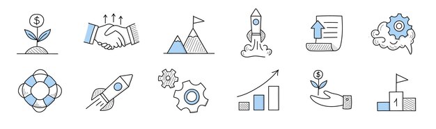 Set of doodle icons, linear vector business signs