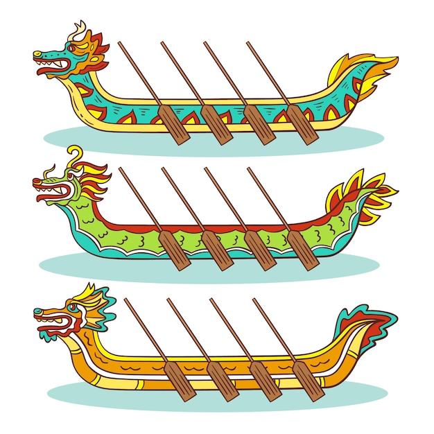 Free vector set of dragon boat and paddles hand drawn