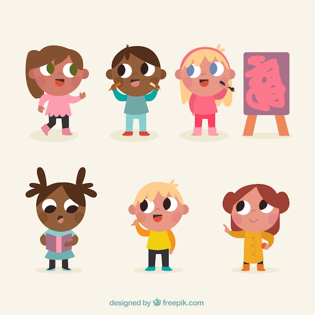Set of drawings of children with big eyes
