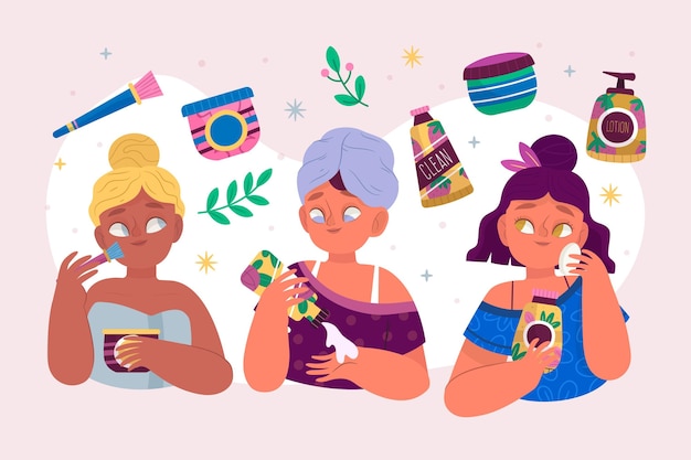 Free vector set of drawn women doing her skincare routine