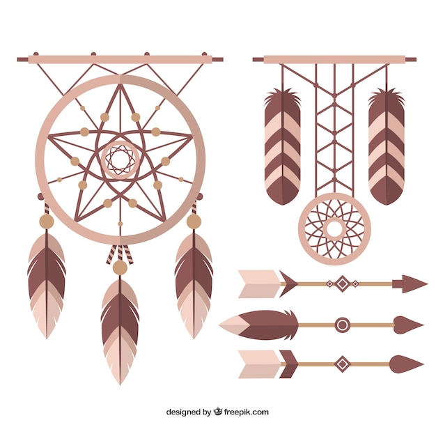 Set of dream catchers and arrows in flat design