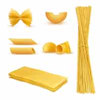 Vettore gratuito set di maccheroni secchi in varie forme, pasta, lasagne, farfalle, spaghetti