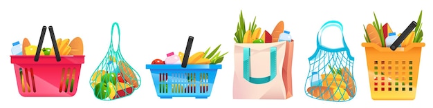 set of Eco bags net cotton or paper shopping containers with grocery elements isolated in cartoon style