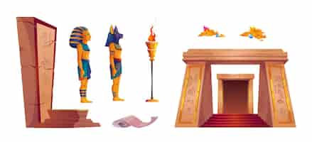 Free vector set of egyptian pyramid interior design elements isolated on white background vector cartoon illustration of ancient pharaoh tomb ancient pictures on stone wall human statues piles of money torch