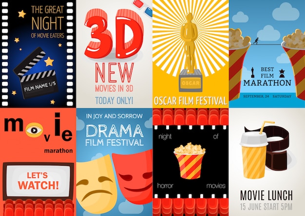 Free vector set of eight cinema posters