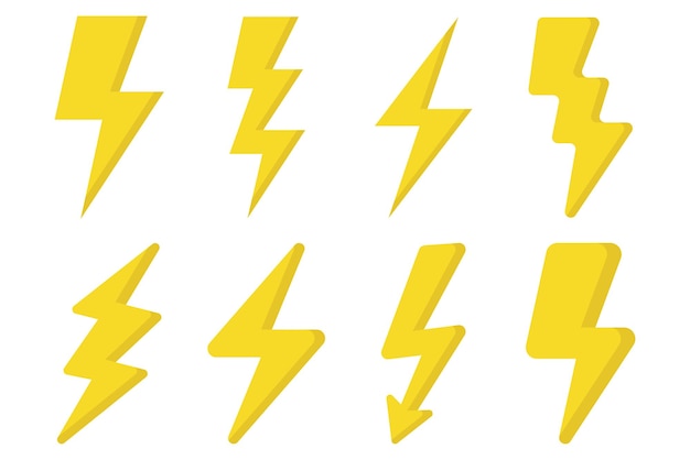 Free vector set of eight different style lightning bolts